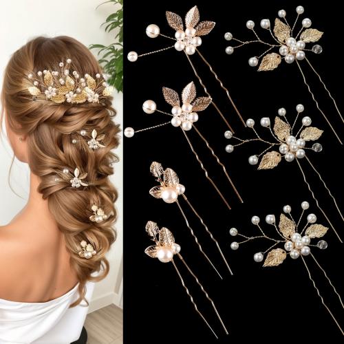Decorative Hair Combs, Iron, with Plastic Pearl, petals, 7 pieces & for woman & with rhinestone, gold, Sold By Set