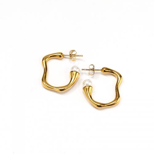 Titanium Steel  Earring with Plastic Pearl Vacuum Ion Plating for woman golden Sold By Pair