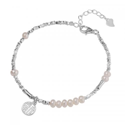 925 Sterling Silver Bracelet with Freshwater Pearl with 1.2inch extender chain Alphabet Letter for woman & hollow silver color Length Approx 6.5 Inch Sold By PC