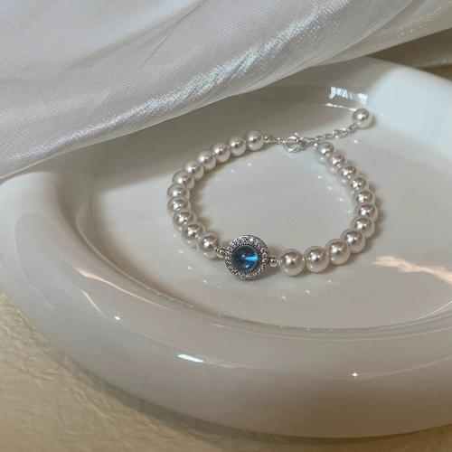 925 Sterling Silver Bracelet, with Glass Pearl, with 2inch extender chain, Round, platinum plated, micro pave cubic zirconia & for woman, Length:Approx 6.3 Inch, Sold By PC
