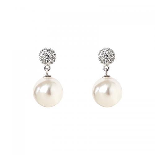 925 Sterling Silver Drop Earring with Glass Pearl Round platinum plated micro pave cubic zirconia & for woman Sold By Pair