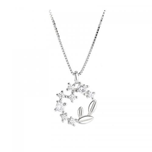 925 Sterling Silver Necklace, with 2inch extender chain, Wheat, platinum plated, for woman & with rhinestone & hollow, Length:15.7 Inch, Sold By PC