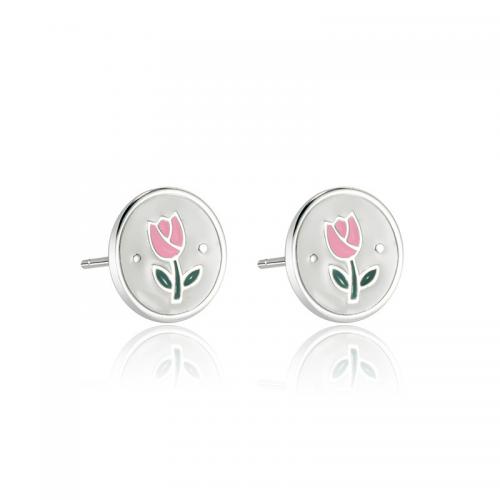 925 Sterling Silver Stud Earring Round with flower pattern & for woman & enamel silver color Sold By Pair