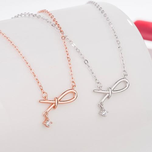 925 Sterling Silver Necklace, with 2inch extender chain, Bowknot, plated, for woman & with rhinestone & hollow, more colors for choice, Length:Approx 15.7 Inch, Sold By PC