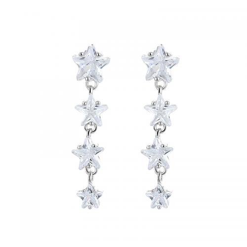 925 Sterling Silver Drop Earring, Star, platinum plated, fashion jewelry & for woman & with rhinestone, 5x20mm, Sold By Pair
