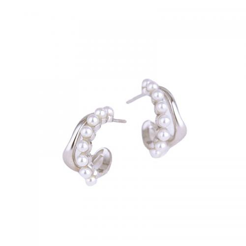 925 Sterling Silver Stud Earring, with Plastic Pearl, Geometrical Pattern, platinum plated, fashion jewelry & for woman, 7.50x15mm, Sold By Pair