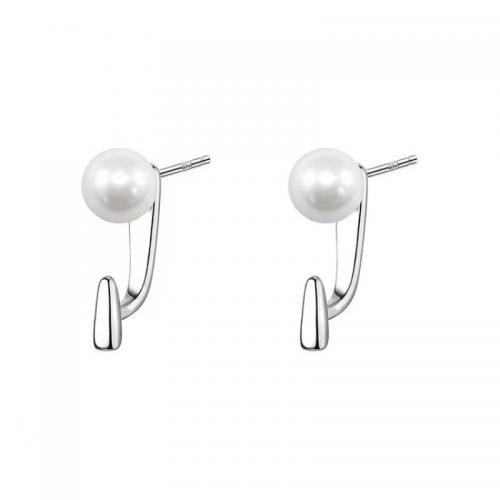 925 Sterling Silver Split Earring, with Plastic Pearl, Round, platinum plated, fashion jewelry & for woman, 6x17.50mm, Sold By Pair