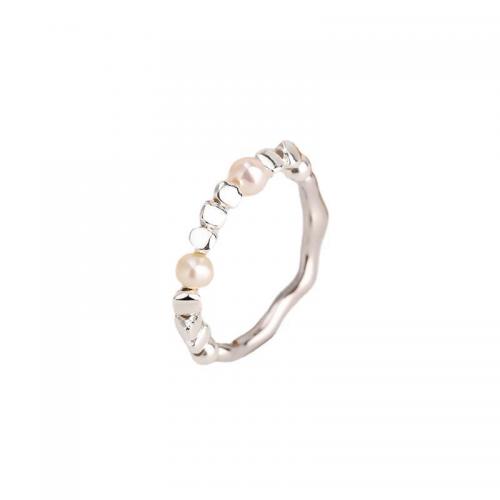 925 Sterling Silver Finger Ring, s Plastična Pearl, modni nakit & elastična & za žene, srebro, Veličina:5, Prodano By PC
