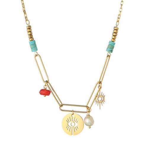 Edelstahl Schmuck Halskette, 304 Edelstahl, mit Türkis, mit Verlängerungskettchen von 5cm, Modeschmuck & für Frau, goldfarben, Länge ca. 46 cm, verkauft von PC
