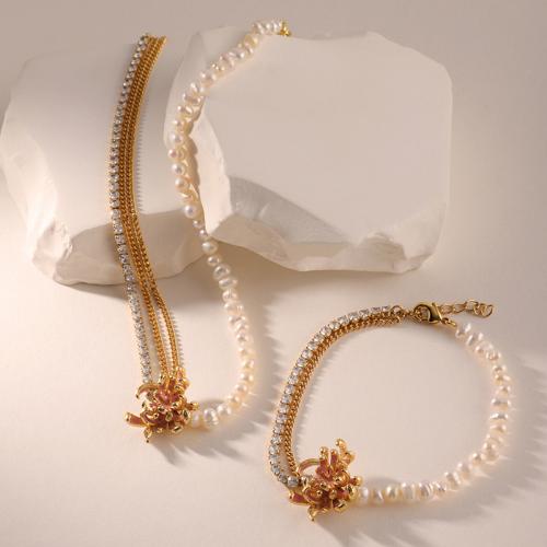 Brass Jewelry Set, with Freshwater Pearl, 18K gold plated, fashion jewelry & micro pave cubic zirconia & for woman, nickel, lead & cadmium free, Length:42.5 cm, 18 cm, Sold By PC