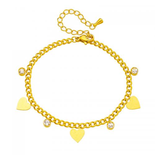 Bracelet d'acier titane, avec 1.97inch chaînes de rallonge, coeur, bijoux de mode & pour femme & avec strass, doré, 7mm, Vendu par Environ 6.3 pouce brin