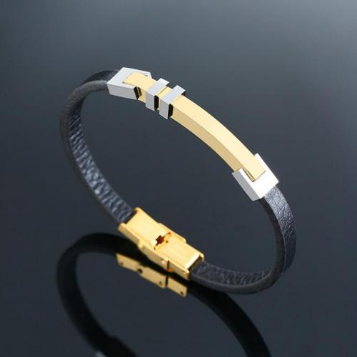 Leather Cord Bracelet, Microfiber, with 304 Stainless Steel, polished, fashion jewelry & for man, golden, nickel, lead & cadmium free, Length:Approx 21 cm, Sold By PC