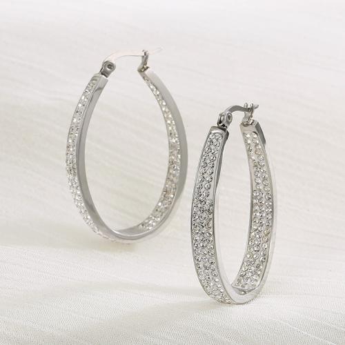 Stainless Steel Hoop Earring, 304 Stainless Steel, plated, fashion jewelry & for woman & with rhinestone, silver color, nickel, lead & cadmium free, 36x26x6mm, Sold By Pair