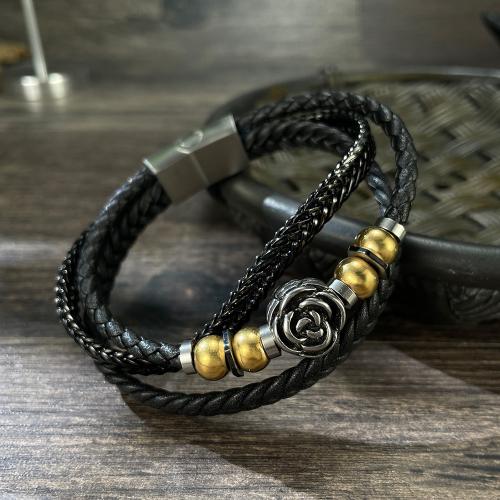 PU Leather Cord Bracelets, handmade, three layers & fashion jewelry & for man, black, nickel, lead & cadmium free, Length:Approx 205 mm, Sold By PC