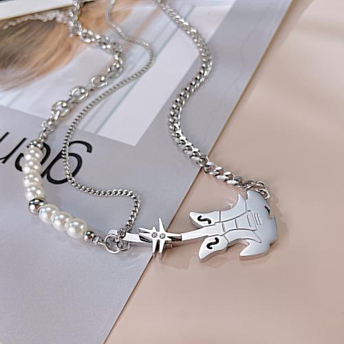 Stainless Steel Jewelry Necklace 304 Stainless Steel with Plastic Pearl with 6.5cm extender chain Guitar plated fashion jewelry & for woman original color nickel lead & cadmium free Length Approx 44 cm Sold By PC