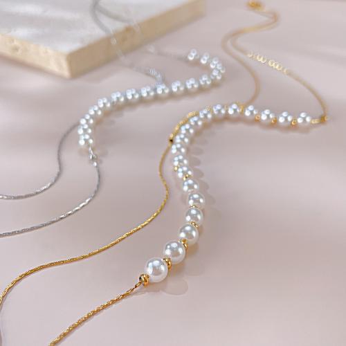 Edelstahl Schmuck Halskette, 304 Edelstahl, mit Kunststoff Perlen, mit Verlängerungskettchen von 60mm, plattiert, Doppelschicht & Modeschmuck & für Frau, originale Farbe, frei von Nickel, Blei & Kadmium, Länge:ca. 365 Millimeter, verkauft von PC