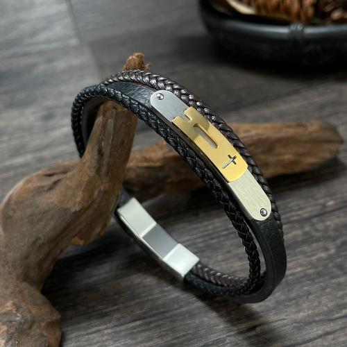 PU Leather Cord Bracelets with 304 Stainless Steel handmade three layers & fashion jewelry & for man original color nickel lead & cadmium free Length Approx 23 cm Sold By PC