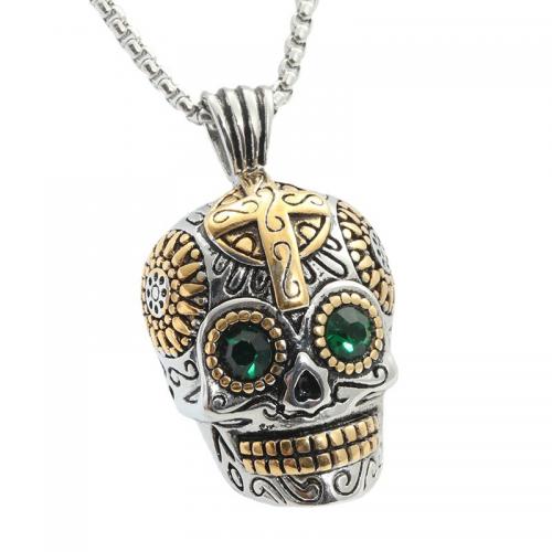 Stainless Steel Jewelry Necklace, 304 Stainless Steel, Skull, polished, Unisex & different styles for choice & micro pave cubic zirconia, more colors for choice, The pendant is 52 mm high and 31 mm wide, Length:Approx 60 cm, Sold By PC
