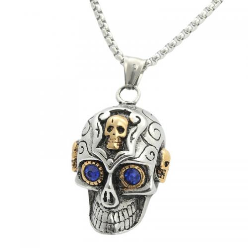 Stainless Steel Jewelry Necklace, 304 Stainless Steel, Skull, polished, Unisex & different styles for choice & micro pave cubic zirconia, more colors for choice, The pendant is 46mm high and 30mm wide, Length:Approx 60 cm, Sold By PC