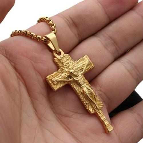 Stainless Steel Jewelry Necklace, 304 Stainless Steel, Cross, polished, Unisex & different styles for choice, gold, The pendant is 50 mm high and 28 mm wide, Length:Approx 60 cm, Sold By PC
