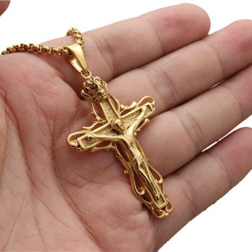 Stainless Steel Jewelry Necklace, 304 Stainless Steel, Cross, polished, Unisex & different styles for choice, gold, The pendant is 56 mm high and 37 mm wide, Length:Approx 60 cm, Sold By PC
