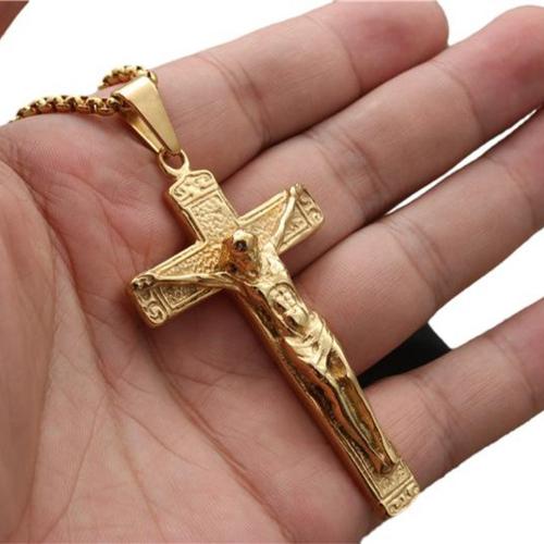 Stainless Steel Jewelry Necklace, 304 Stainless Steel, Cross, polished, Unisex & different styles for choice, golden, The pendant is 67mm high and 38mm wide, Length:Approx 60 cm, Sold By PC