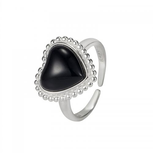 925 Sterling Silver Cuff Finger Ring, with Black Agate, Heart, fashion jewelry & for woman, silver color, US Ring Size:6, Sold By PC