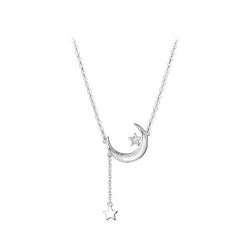 925 Sterling Silver Necklace, with White Shell, with 2inch extender chain, Moon and Star, platinum plated, fashion jewelry & for woman & with rhinestone, Length:Approx 15.7 Inch, Sold By PC