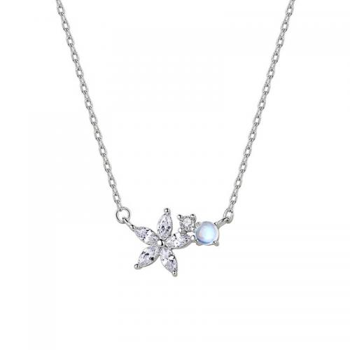 925 Sterling Silver Necklace, with 2inch extender chain, Flower, fashion jewelry & for woman & with rhinestone, silver color, Length:Approx 15.7 Inch, Sold By PC