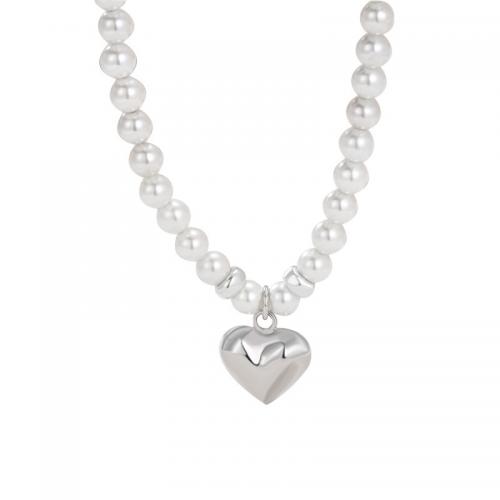 925 Sterling Silver Necklace, with Plastic Pearl, with 2inch extender chain, Heart, fashion jewelry & for woman, silver color, Length:Approx 15.7 Inch, Sold By PC