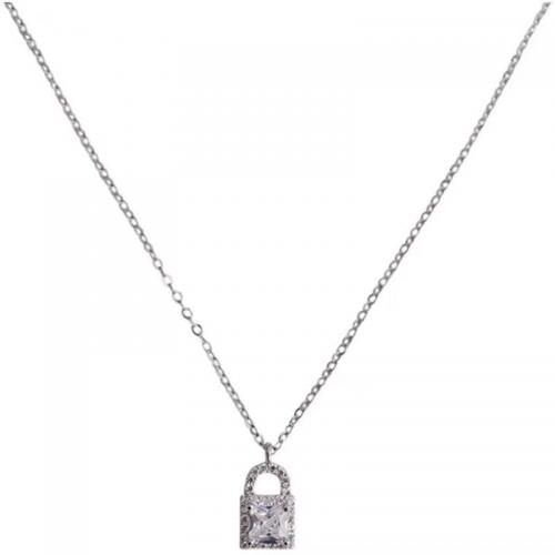 925 Sterling Silver Necklace with 2inch extender chain Lock fashion jewelry & micro pave cubic zirconia & for woman silver color Length Approx 15.7 Inch Sold By PC