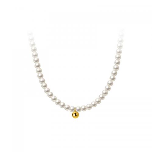 Argent sterling 925 collier, avec Shell Pearl, avec 2inch chaînes de rallonge, Rond, Plaqué or 18K, chaîne à billes & pour femme, Longueur:Environ 15.7 pouce, Vendu par PC