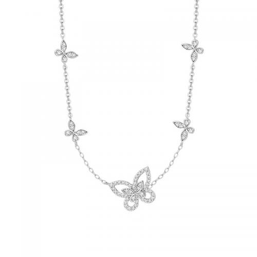 925 Sterling Silver Necklace, with 2inch extender chain, Butterfly, platinum plated, cross chain & micro pave cubic zirconia & for woman, Length:Approx 15.7 Inch, Sold By PC