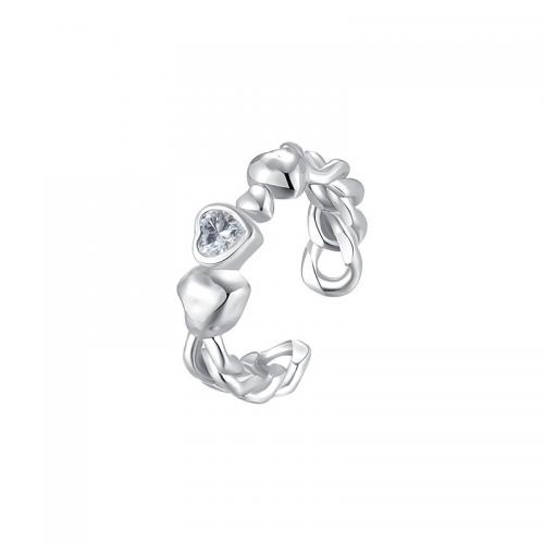 925 Sterling Silver Cuff Finger Ring, Heart, adjustable & for woman & with rhinestone, silver color, US Ring Size:6, Sold By PC