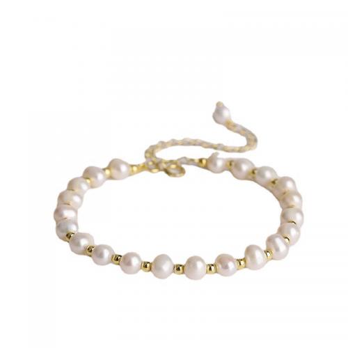 Argent sterling 925 bracelet, avec perle d'eau douce cultivée, avec 1.2inch chaînes de rallonge, Plaqué or 18K, bijoux de mode & pour femme, pearl size 5-6mm, Longueur:Environ 6.3 pouce, Vendu par PC