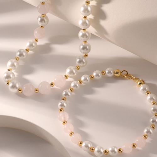 Brass Jewelry Set with Natural Stone & Glass Pearl 18K gold plated fashion jewelry & for woman white nickel lead & cadmium free Length 43 cm 18.5 cm Sold By PC