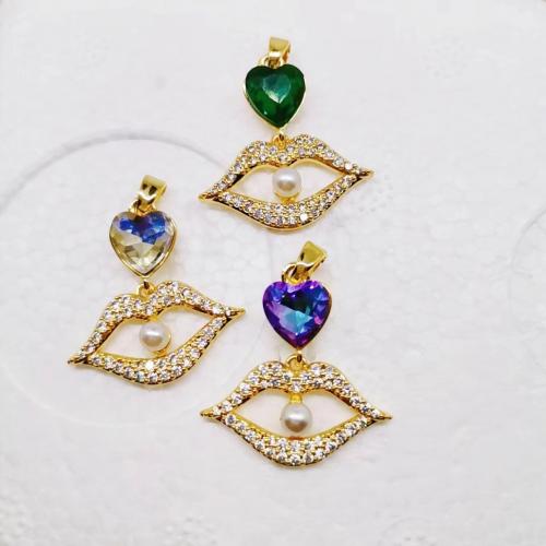 Cubic Zirconia Brass Pendants, with Cubic Zirconia & Plastic Pearl, Lip, gold color plated, DIY & hollow, more colors for choice, nickel, lead & cadmium free, Sold By PC