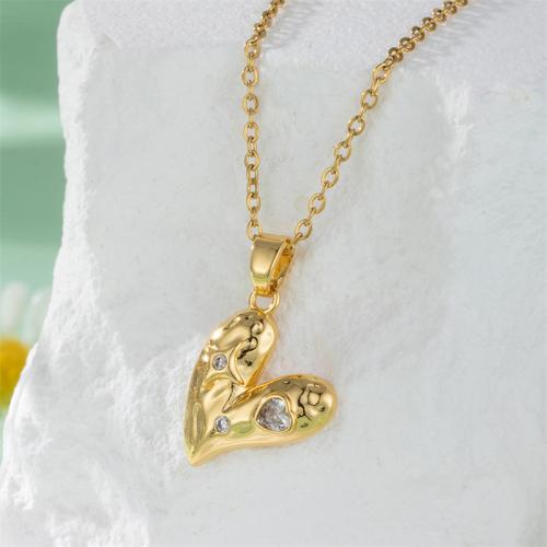 Stainless Steel Jewelry Necklace, 304 Stainless Steel, with 1.97inch extender chain, Heart, Vacuum Ion Plating, fashion jewelry & micro pave cubic zirconia & for woman, golden, Sold Per Approx 15.75 Inch Strand