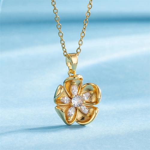 Stainless Steel Jewelry Necklace, 304 Stainless Steel, with 1.97inch extender chain, Flower, 18K gold plated, fashion jewelry & micro pave cubic zirconia & for woman, golden, Sold Per Approx 15.75 Inch Strand