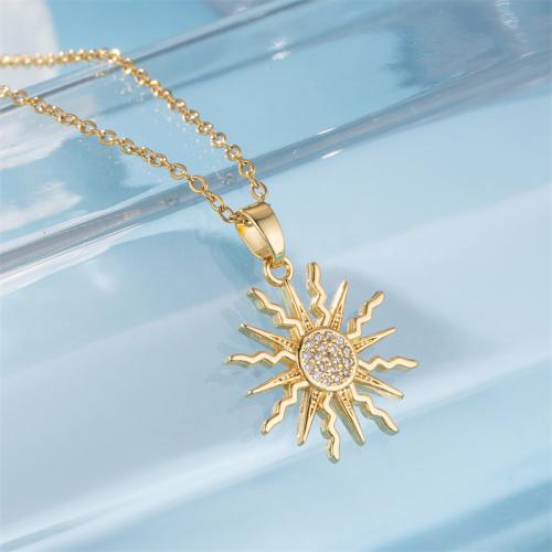 Stainless Steel Jewelry Necklace, 304 Stainless Steel, with 1.97inch extender chain, Sun, Vacuum Ion Plating, fashion jewelry & micro pave cubic zirconia & for woman, golden, Sold Per Approx 15.75 Inch Strand