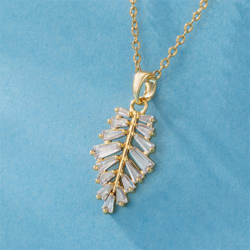 Stainless Steel Jewelry Necklace, 304 Stainless Steel, with 1.97inch extender chain, Leaf, 18K gold plated, fashion jewelry & micro pave cubic zirconia & for woman, golden, Sold Per Approx 15.75 Inch Strand