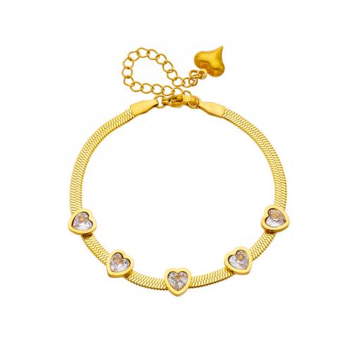 Bracelet d'acier titane, avec 2.36inch chaînes de rallonge, coeur, bijoux de mode & pour femme & avec strass, doré, Vendu par Environ 6.3 pouce brin