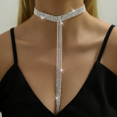 Messing Halskette, mit Messing Klaue Kette, mit Verlängerungskettchen von 17CM, silberfarben plattiert, Modeschmuck & für Frau & mit Strass, frei von Nickel, Blei & Kadmium, verkauft von PC