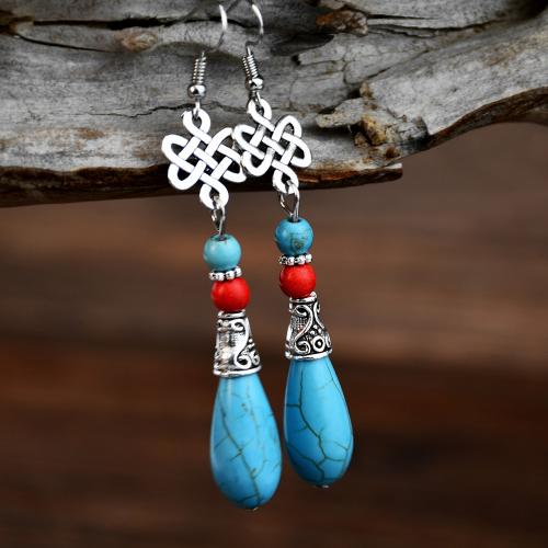 Tibetan Style Drop Earrings, with turquoise, Teardrop, plated, folk style & for woman, green, 80mm, Sold By Pair