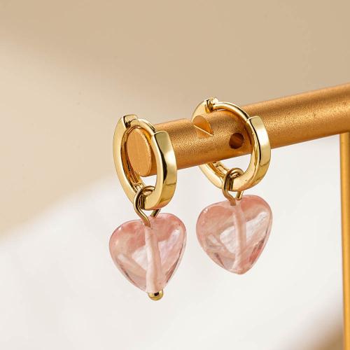 Messing Drop ørering, med Natursten, Heart, forgyldt, mode smykker, lyserød, nikkel, bly & cadmium fri, 9x23mm, Solgt af par