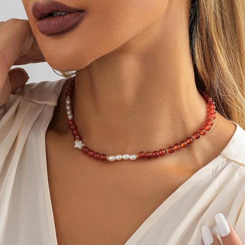 Messing Halskette, mit Naturstein & Muschel & Kunststoff Perlen, mit Verlängerungskettchen von 7cm, plattiert, Modeschmuck, rot, frei von Nickel, Blei & Kadmium, Länge:37 cm, verkauft von PC