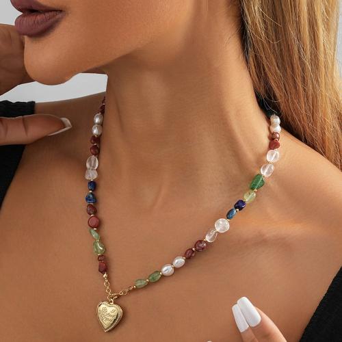 Messing Halskette, mit Naturstein, Herz, plattiert, Modeschmuck, farbenfroh, frei von Nickel, Blei & Kadmium, Länge:48 cm, verkauft von PC
