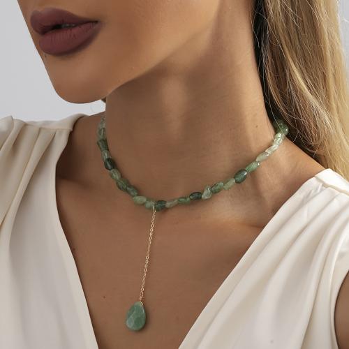 Zinc Alloy Jewelry Necklace with Natural Stone with 7cm extender chain Teardrop plated fashion jewelry green nickel lead & cadmium free Length 37 cm Sold By PC