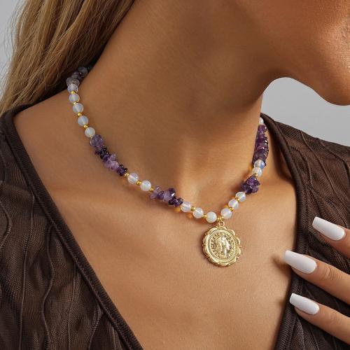 Zinklegierung Schmuck Halskette, mit Naturstein, mit Verlängerungskettchen von 7cm, rund, plattiert, Modeschmuck, violett, frei von Nickel, Blei & Kadmium, Länge:37 cm, verkauft von PC