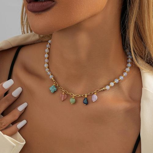 Messing Halskette, mit Naturstein, mit Verlängerungskettchen von 7cm, plattiert, Modeschmuck, farbenfroh, frei von Nickel, Blei & Kadmium, Länge:37 cm, verkauft von PC